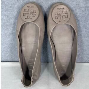 Tory Burch Women’s sz 5.5 Minnie Travel Ballet Flat French Gray Neutral Leather